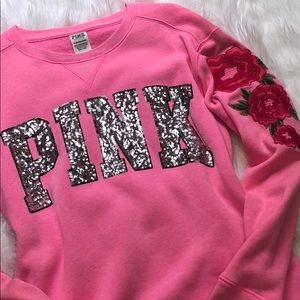 VS PINK • Rose Embroidery and Sequin Fleece Top